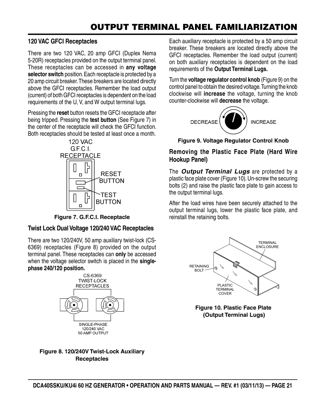 Multiquip DCA40SSKU4i manual VAC Gfci Receptacles, Removing the Plastic Face Plate Hard Wire Hookup Panel 