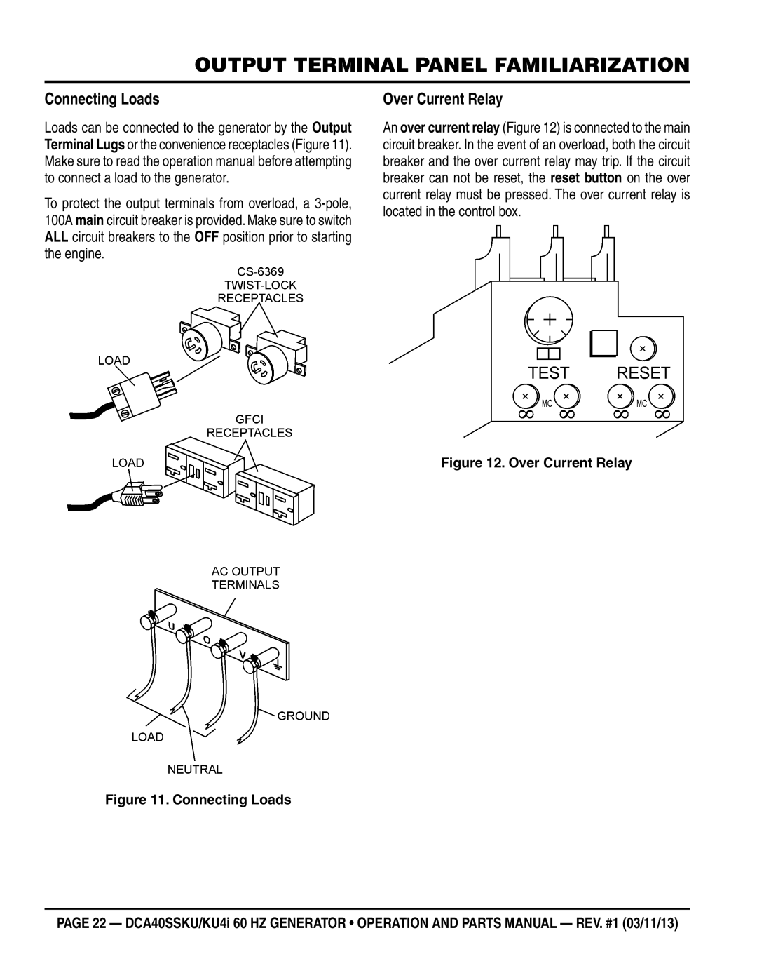 Multiquip DCA40SSKU4i manual Connecting Loads, Over Current Relay 