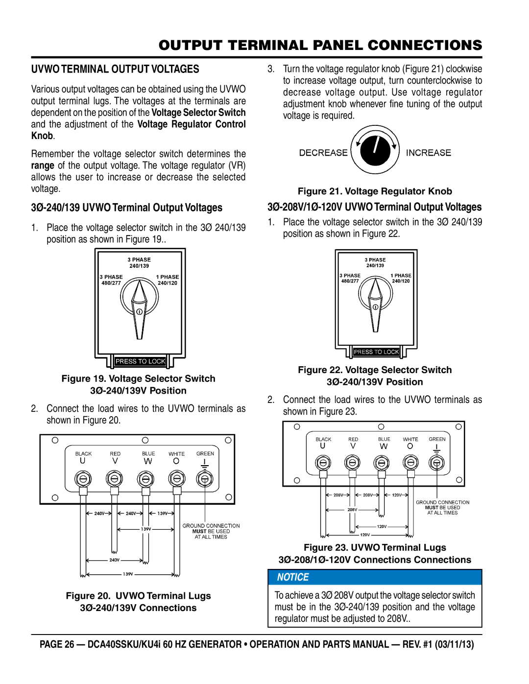 Multiquip DCA40SSKU4i manual 3Ø-240/139 Uvwo Terminal Output Voltages, 3Ø-208V/1Ø-120V Uvwo Terminal Output Voltages 