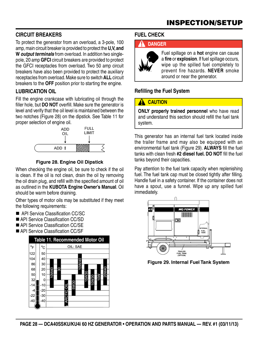 Multiquip DCA40SSKU4i manual Inspection/SETUP, Circuit Breakers, Lubrication Oil, Fuel Check, Refilling the Fuel System 