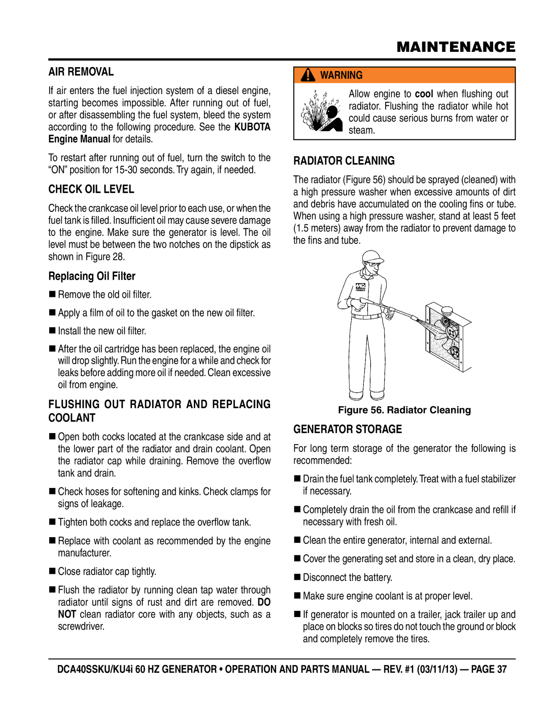 Multiquip DCA40SSKU manual Air Removal, Check Oil Level, Replacing Oil Filter, Flushing Out Radiator and Replacing Coolant 