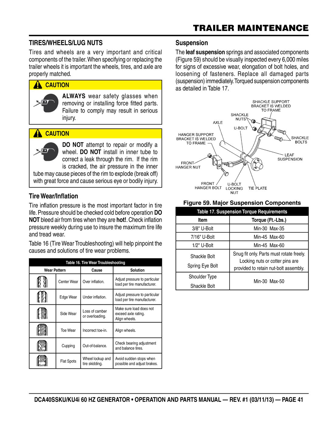 Multiquip DCA40SSKU4i manual Tires/Wheels/Lug Nuts, Tire Wear/Inflation, Suspension 