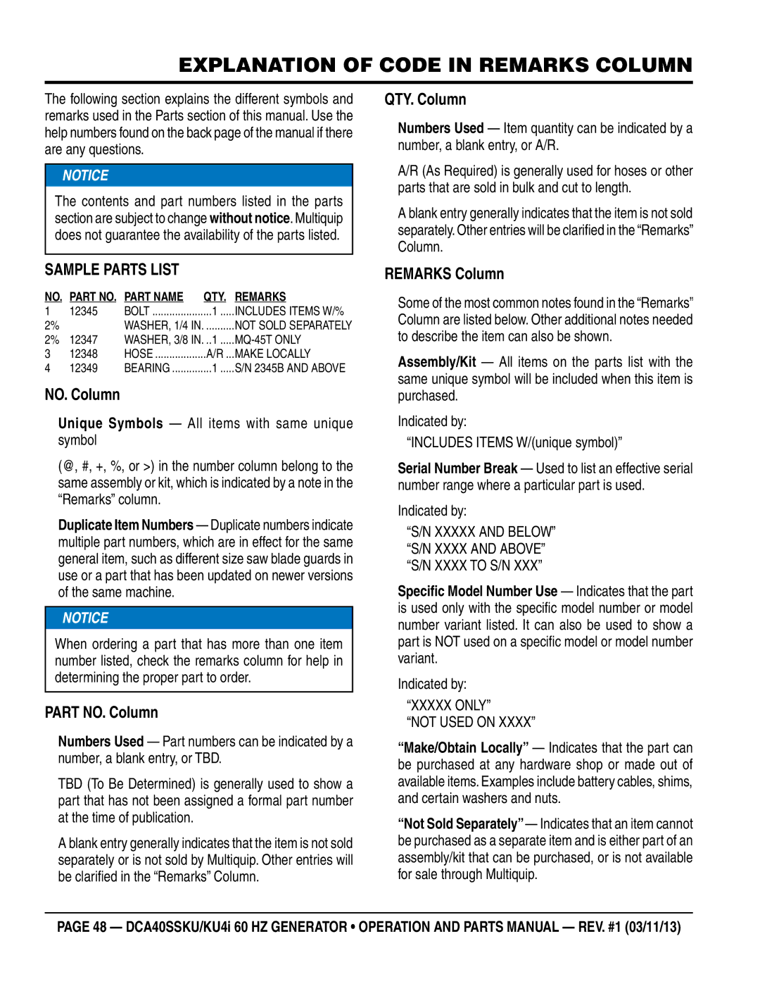 Multiquip DCA40SSKU4i manual Explanation of Code in Remarks Column 