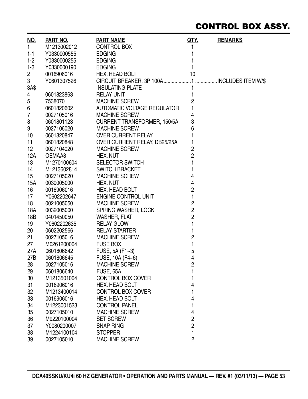 Multiquip DCA40SSKU M1213002012, Y0330000555, Y0330000255, Y0330000190, 0016906016, Y0601307526, 3A$, 0601823863, 7538070 