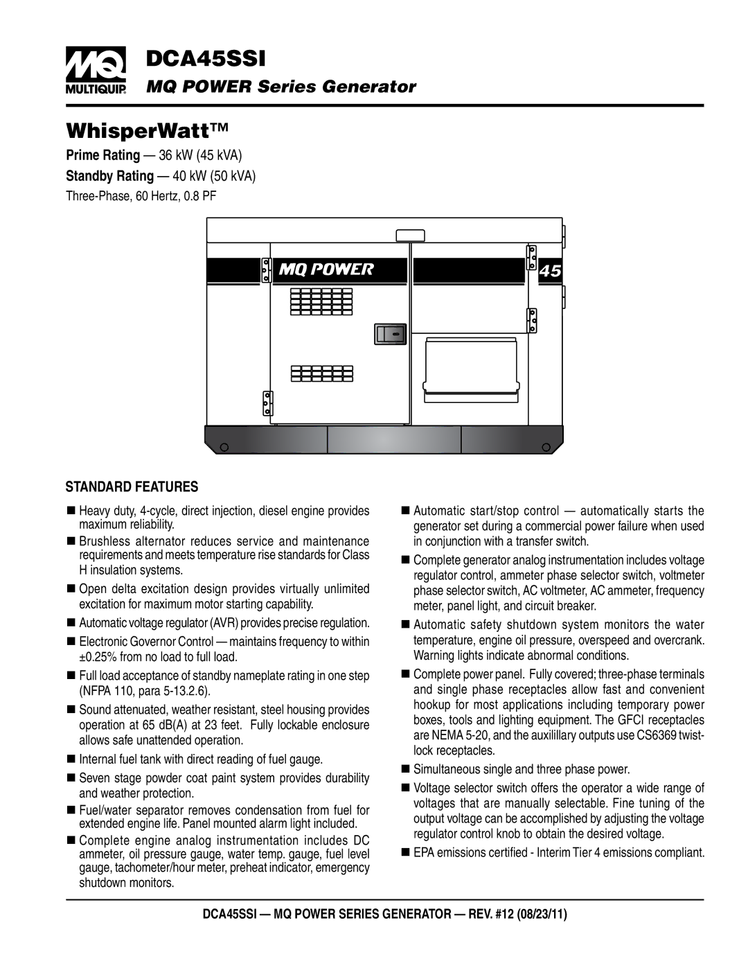 Multiquip manual  DCA45SSI, Standard Features 