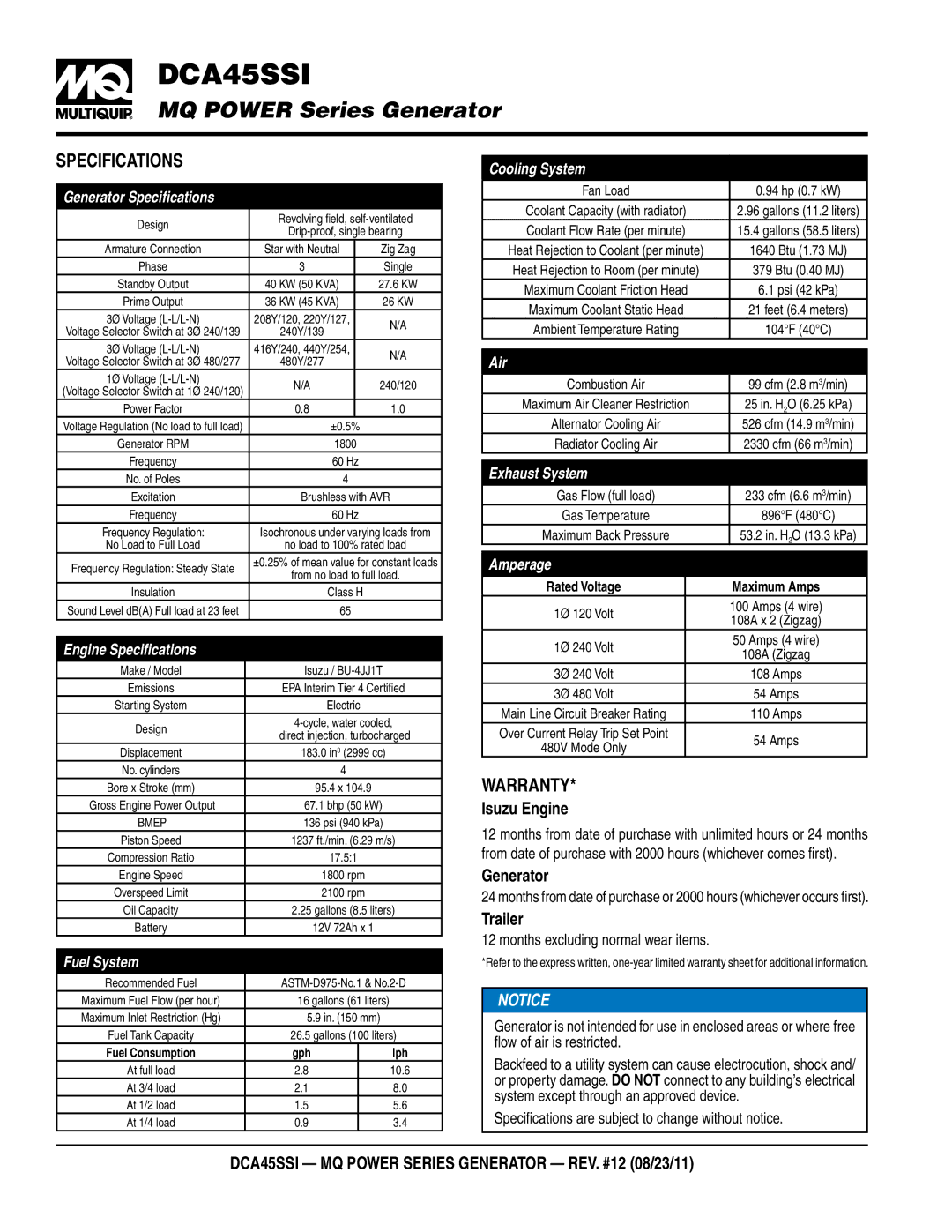 Multiquip DCA45SSI manual Specifications, Warranty 