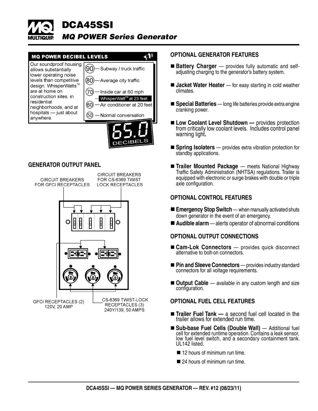 Multiquip DCA45SSI manual Optional Generator Features, Generator Output Panel, Optional Control Features 