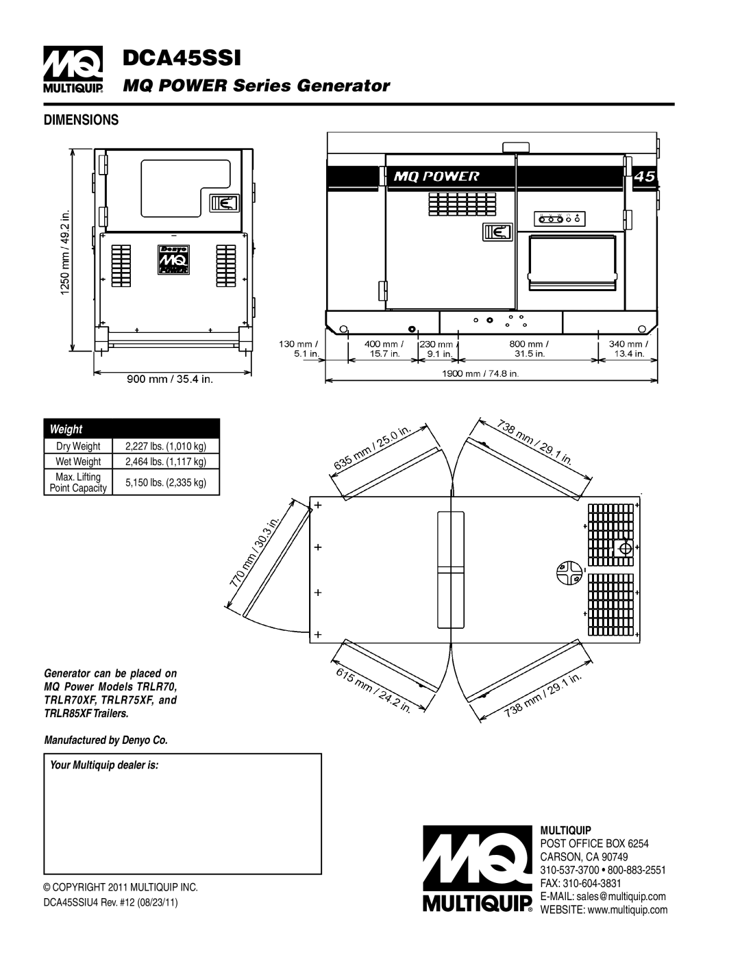 Multiquip DCA45SSI manual Dimensions, Dry Weight 