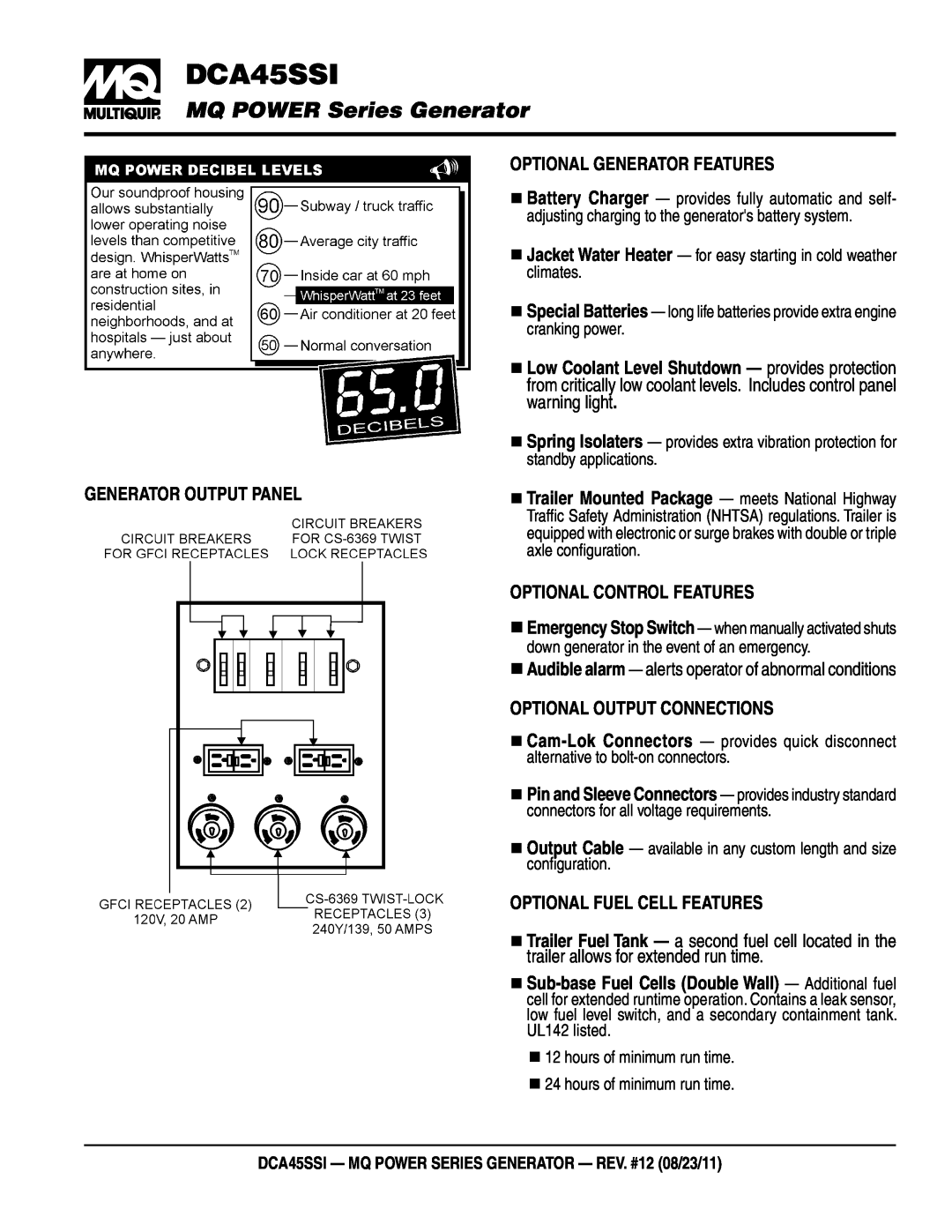Multiquip DCA45SSI manual Optional Generator Features, warning light, Generator Output Panel, Optional Control Features 