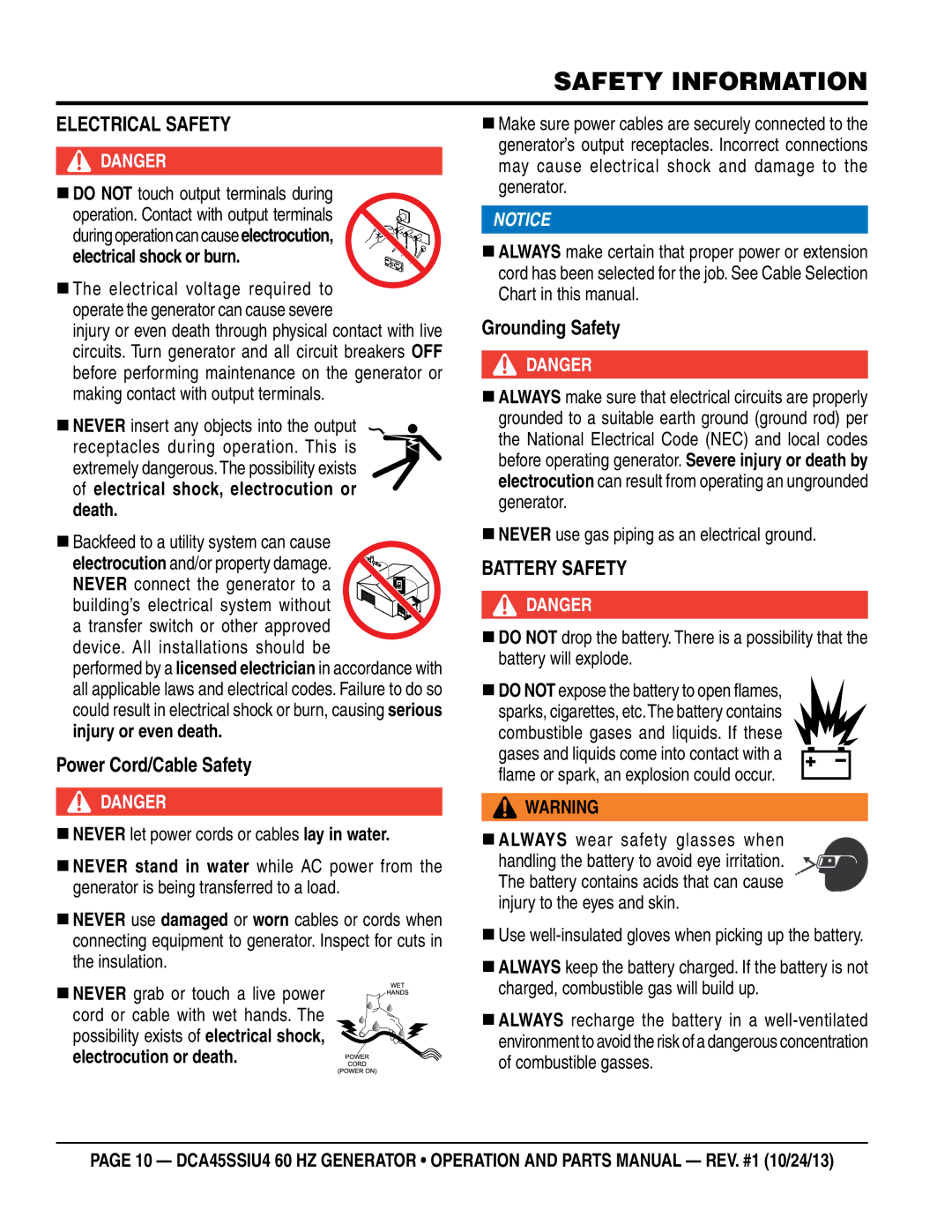 Multiquip dca45ssiu4 manual EleCtrICal SaFetY, Power Cord/Cable Safety, Grounding Safety, BATTERy SAFETy, Death 