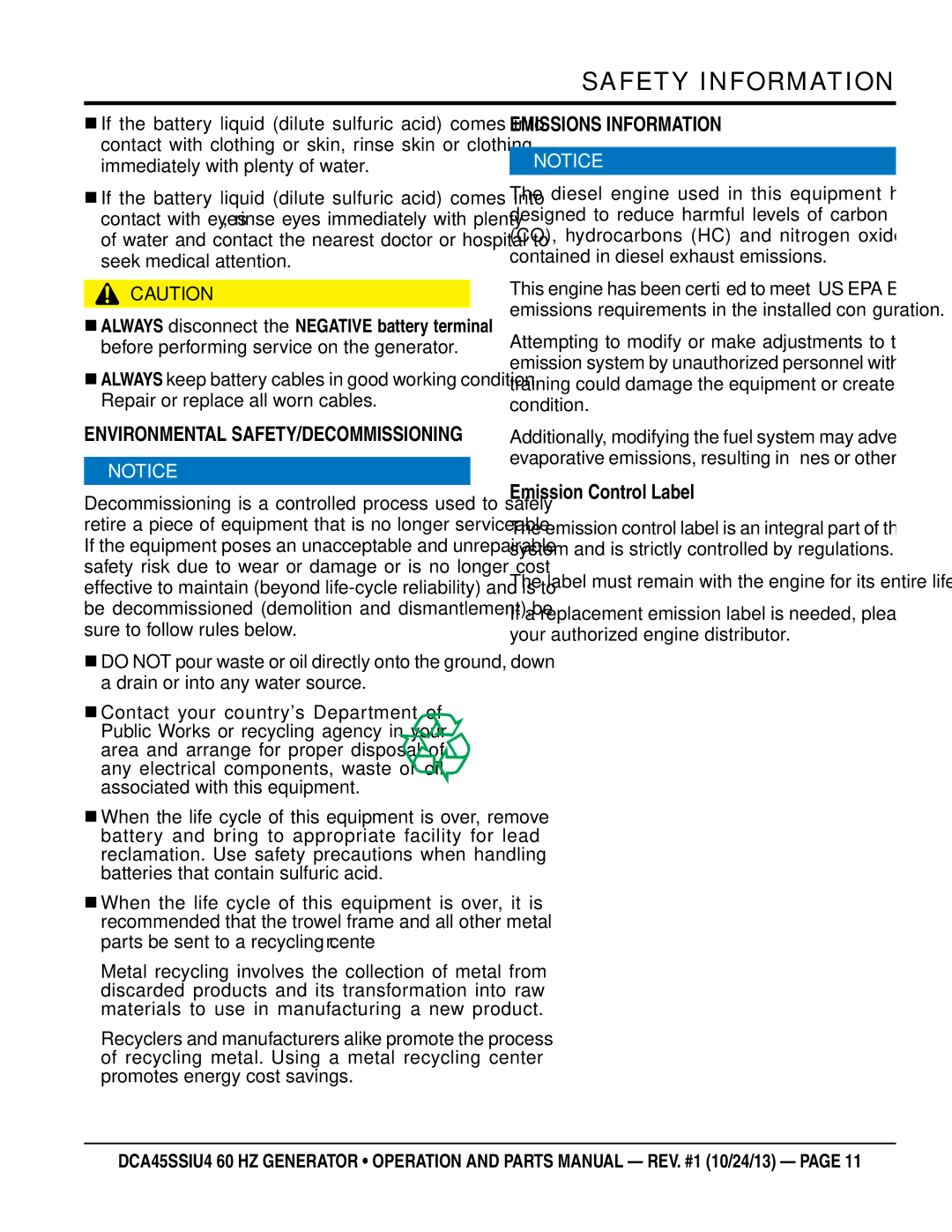 Multiquip dca45ssiu4 manual EnvIronmental SaFetY/DeCommISSIonIng, EmISSIonS InFormatIon, Emission Control label 