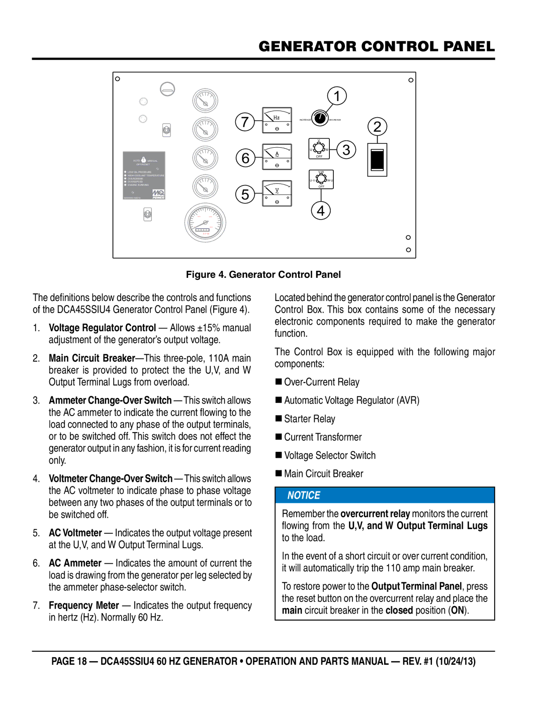 Multiquip dca45ssiu4 manual Generator Control Panel 