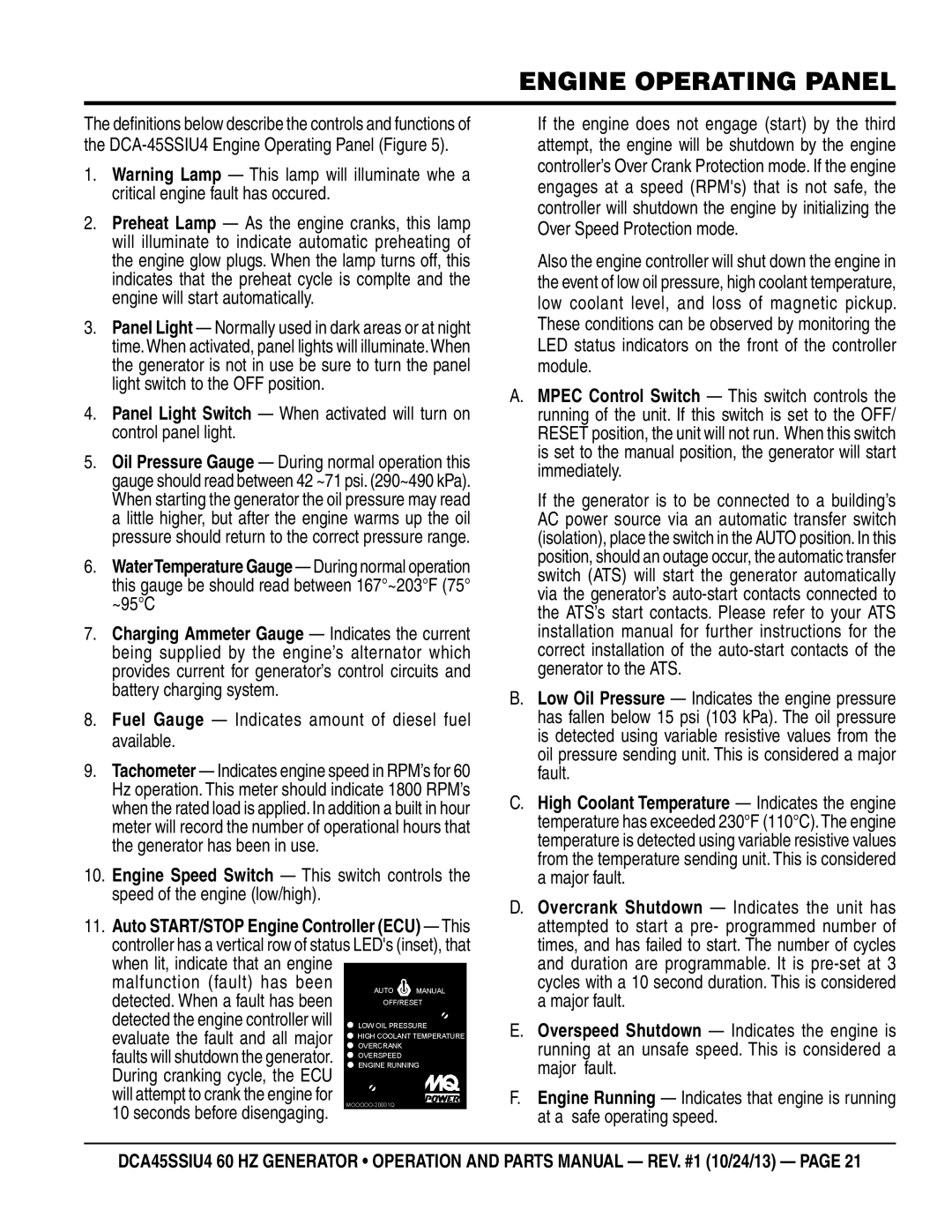 Multiquip dca45ssiu4 manual Fuel Gauge Indicates amount of diesel fuel available 