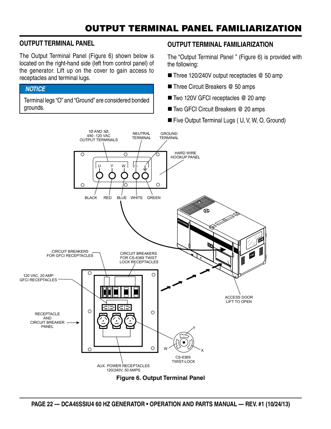 Multiquip dca45ssiu4 manual Output Terminal Familiarization, Terminal legs O and Ground are considered bonded grounds 