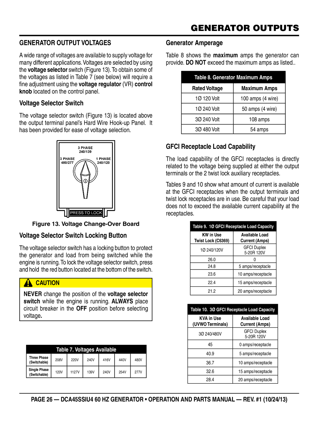 Multiquip dca45ssiu4 manual Generator Output Voltages, Voltage Selector Switch, Generator Amperage 