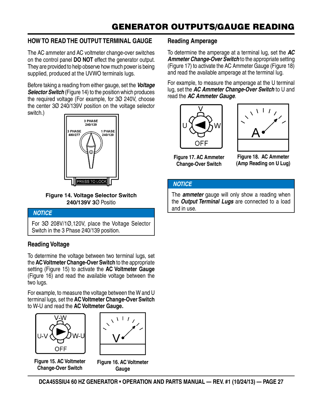 Multiquip dca45ssiu4 manual Generator OUTPUTS/gauge reading, How to Read the Output Terminal Gauge, Reading Voltage 
