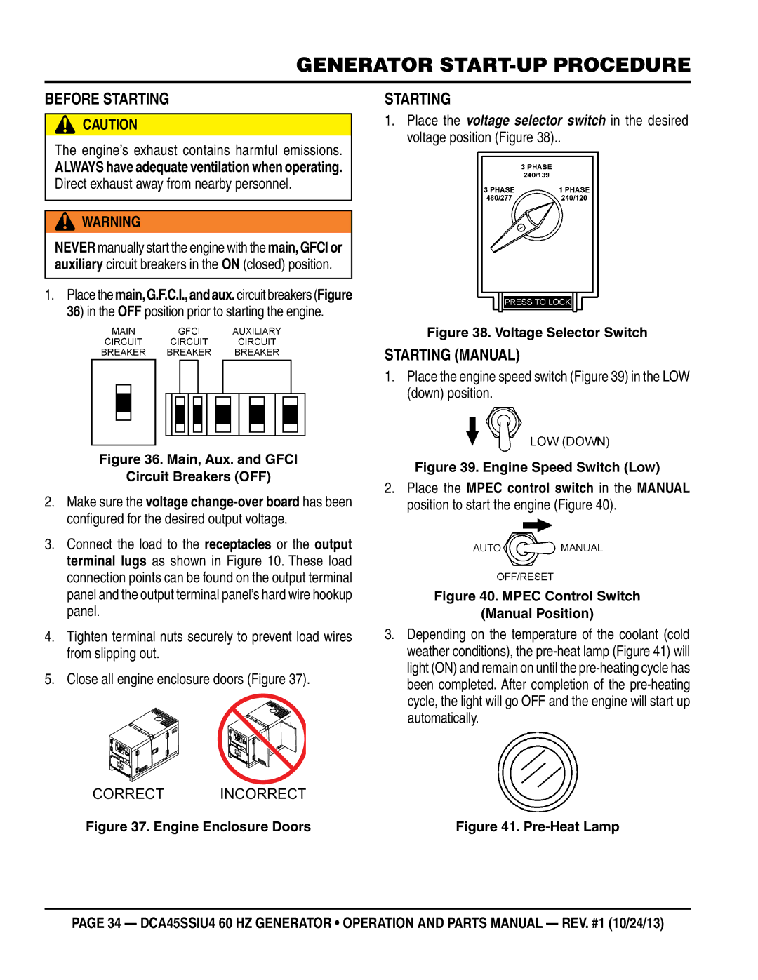 Multiquip dca45ssiu4 manual Before Starting, Starting Manual, Engine’s exhaust contains harmful emissions 