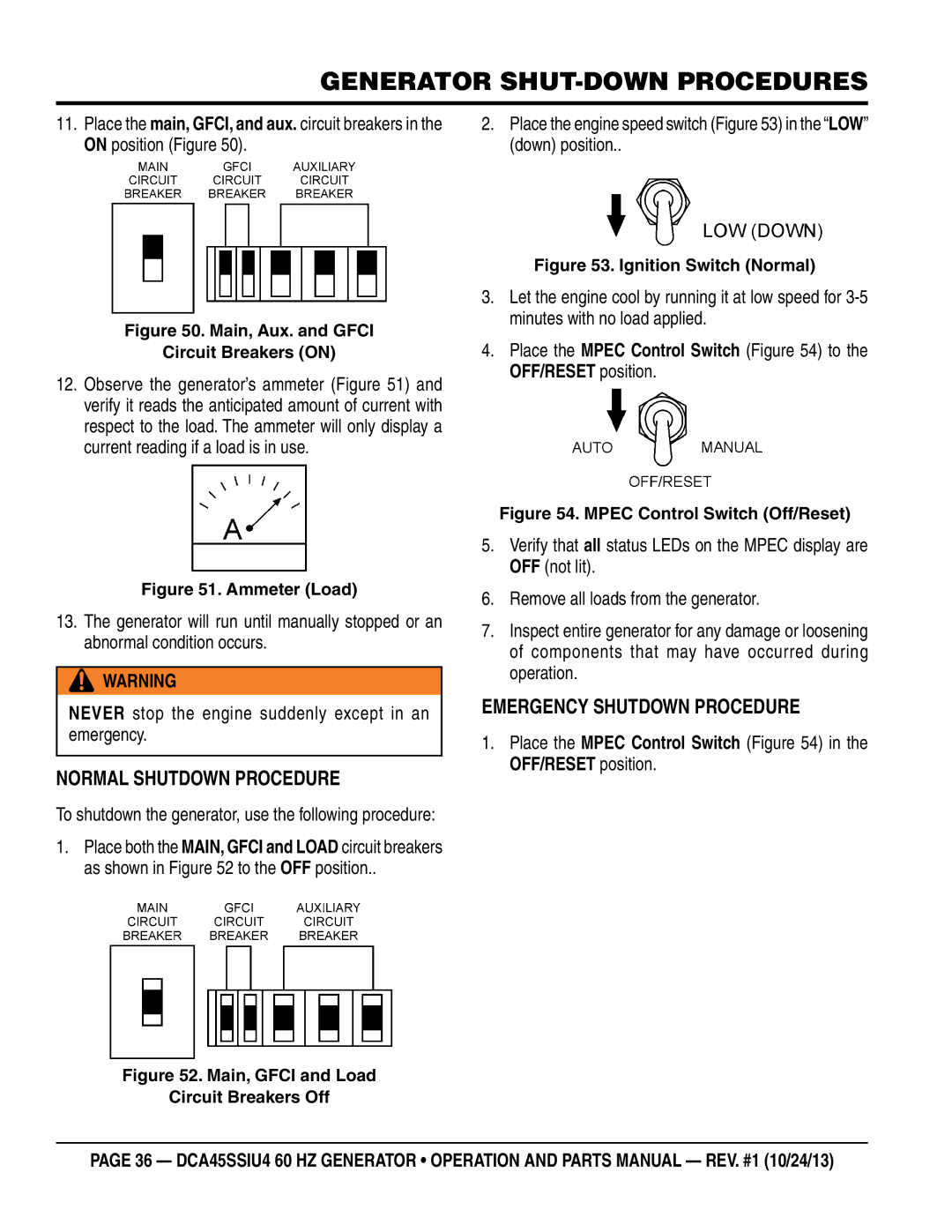 Multiquip dca45ssiu4 manual Normal Shutdown Procedure, Emergency Shutdown Procedure, OFF/RESET position 