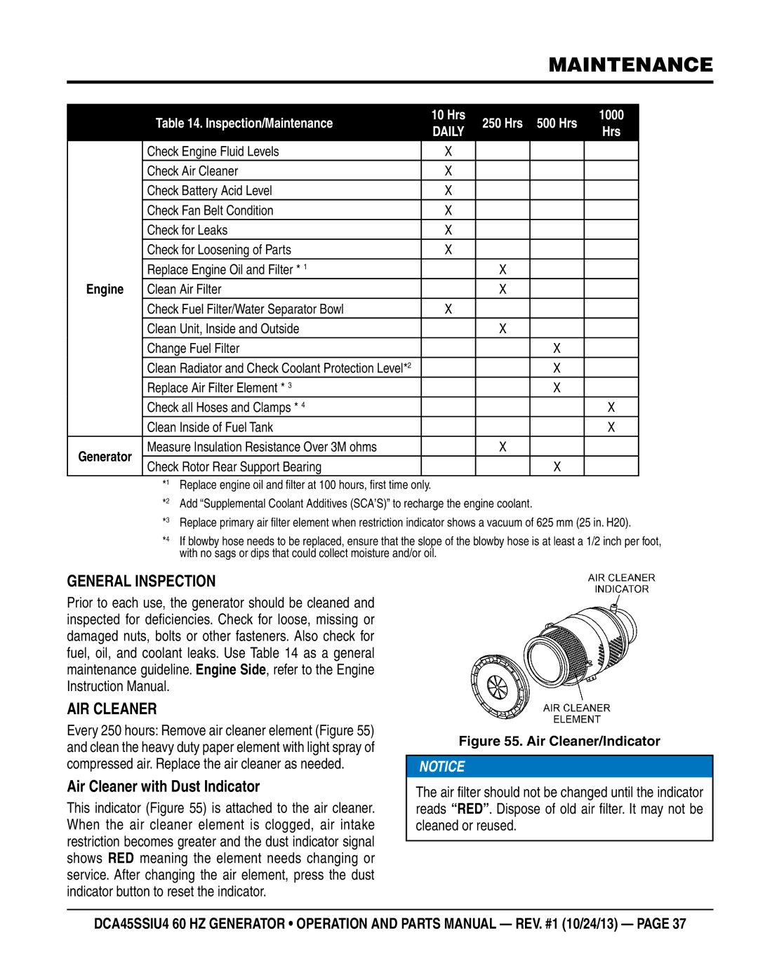 Multiquip dca45ssiu4 manual Maintenance, General Inspection Air Cleaner, Air Cleaner with Dust Indicator 