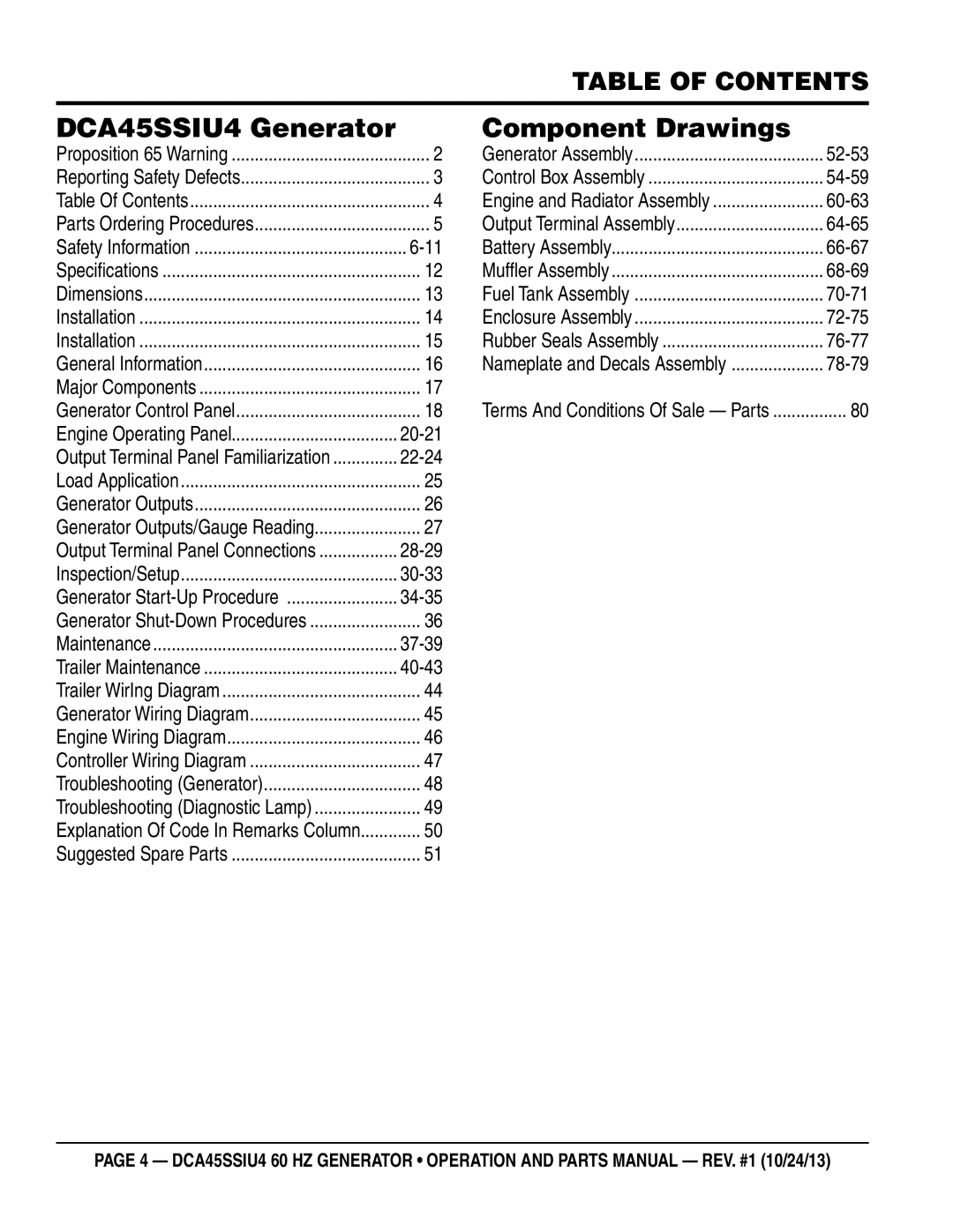 Multiquip dca45ssiu4 manual DCA45SSIU4 Generator Component Drawings, Table of Contents 