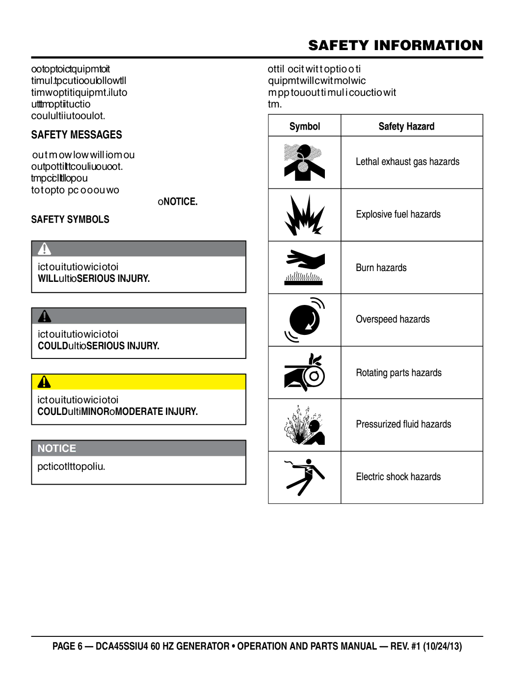 Multiquip dca45ssiu4 manual Safety Information, SaFetY meSSageS, SaFetY SYmbolS 