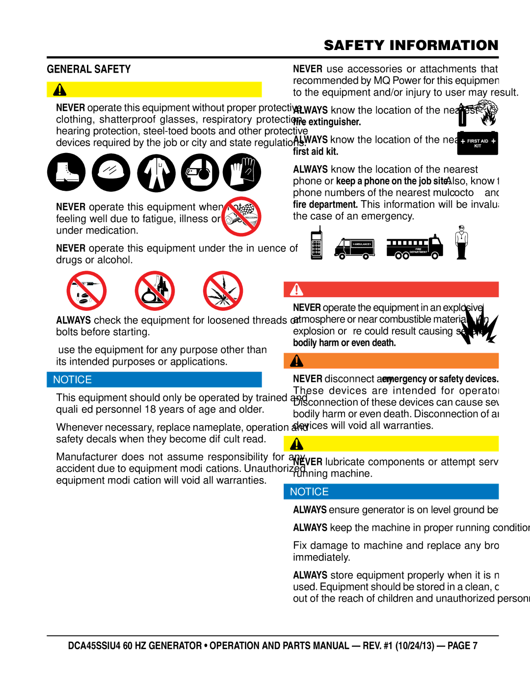 Multiquip dca45ssiu4 manual General SaFetY, Generator SAFETy 