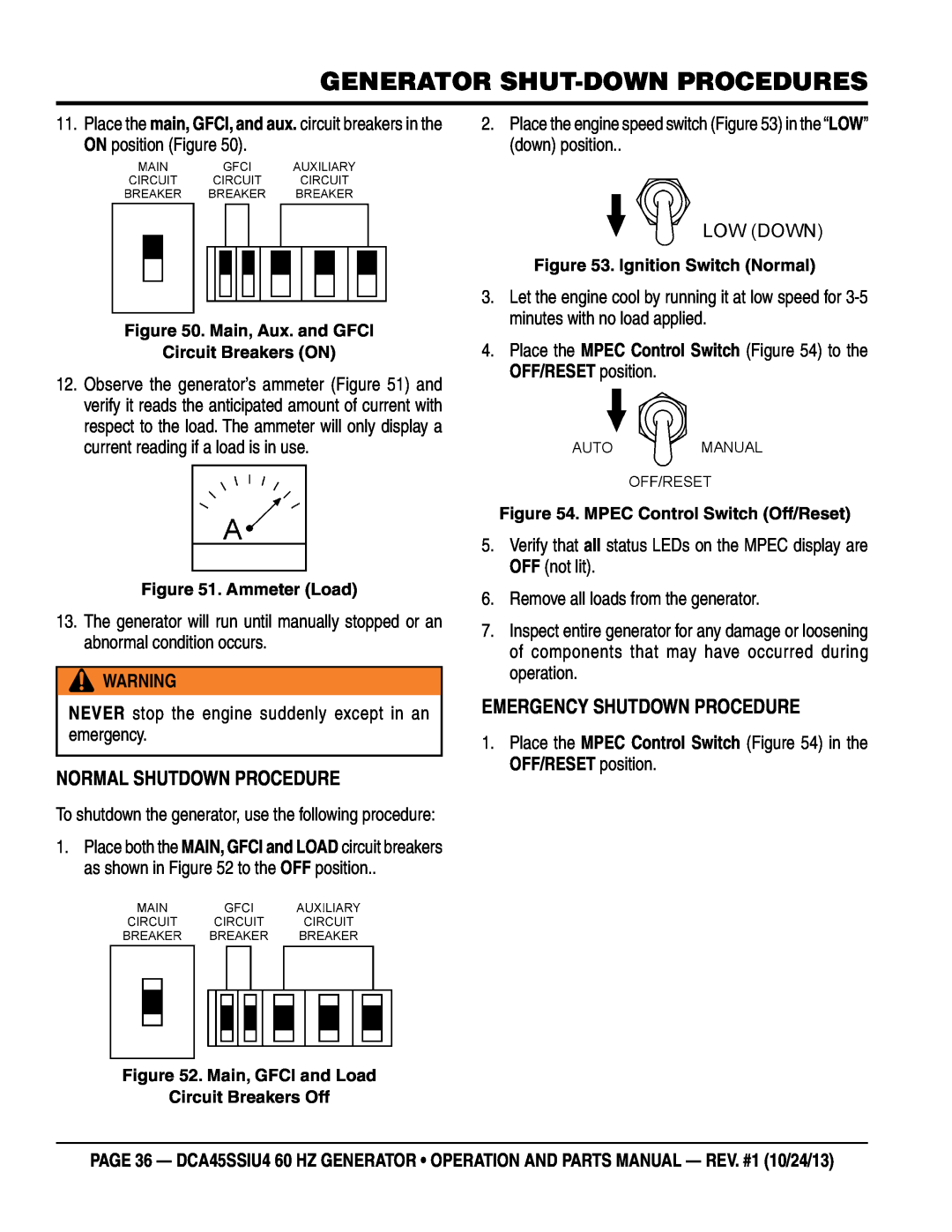 Multiquip dca45ssiu4 manual Generator Shut-Down Procedures, Normal Shutdown Procedure, Emergency Shutdown Procedure 