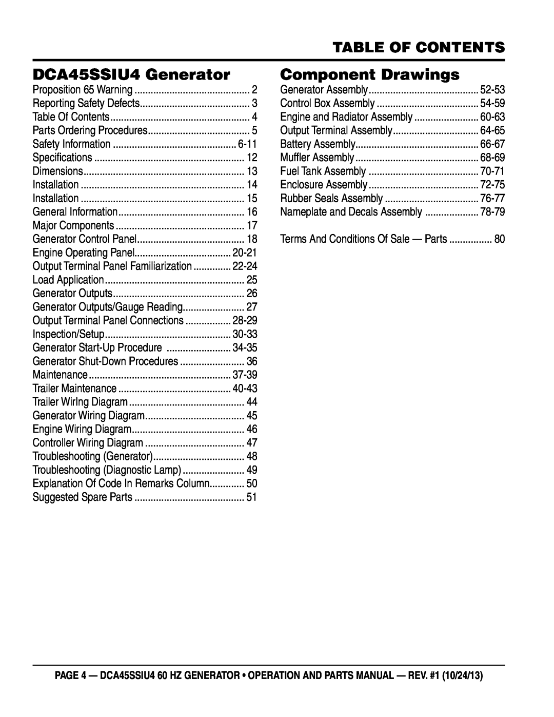 Multiquip dca45ssiu4 manual Table of Contents, DCA45SSIU4 Generator, Component Drawings, 6-11 