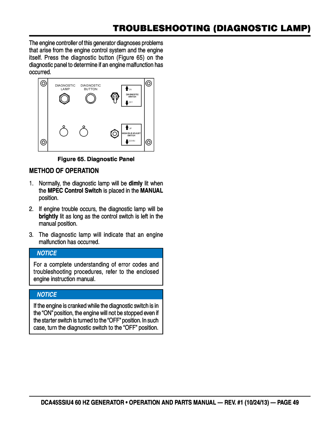 Multiquip dca45ssiu4 manual Troubleshooting Diagnostic lamp, Method of Operation 