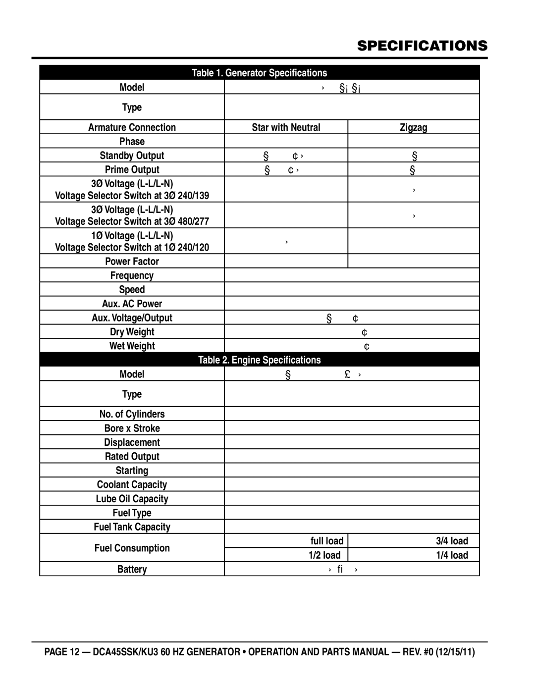 Multiquip DCA45SSKU3 manual Specifications, DCA-45SSKU/KU3 