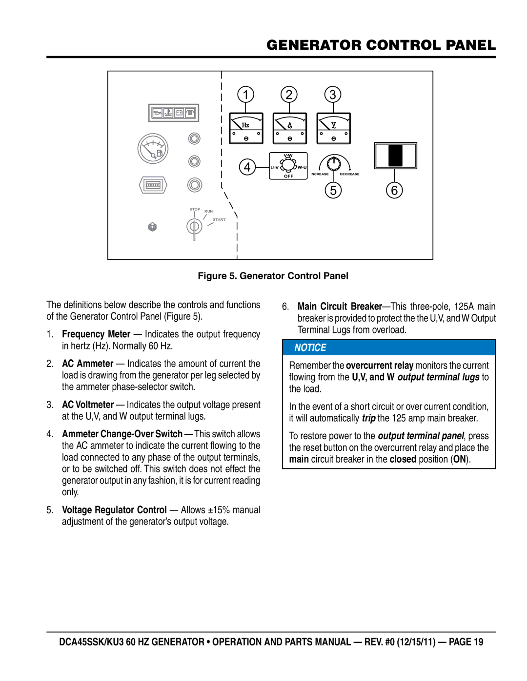 Multiquip DCA45SSKU3 manual Generator control Panel, Generator Control Panel 