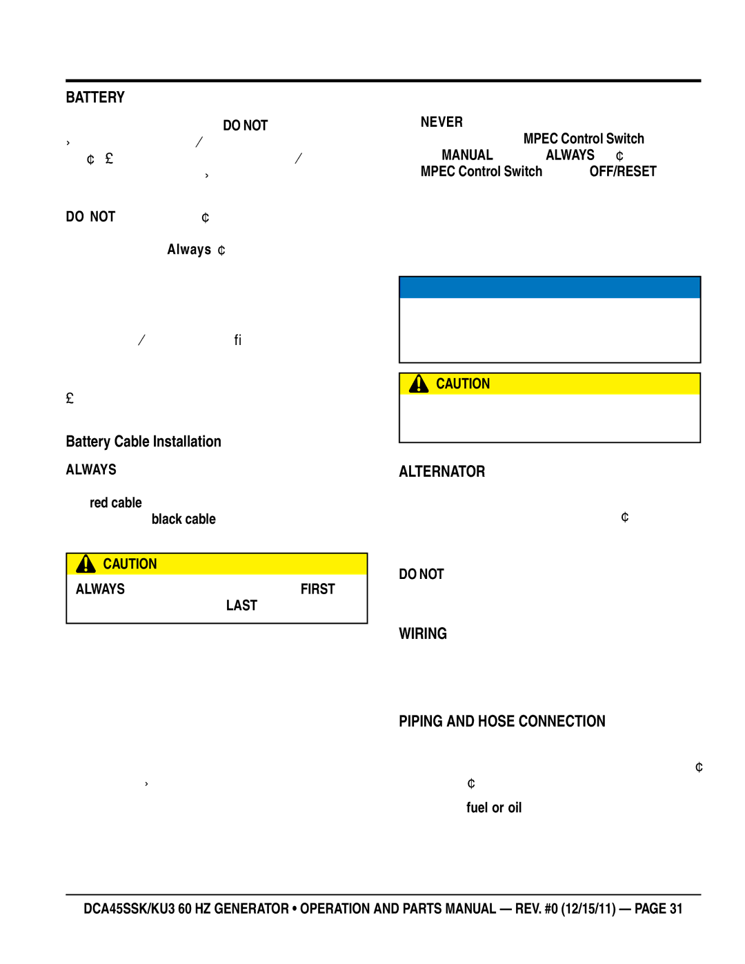 Multiquip DCA45SSKU3 manual Battery Cable Installation, Alternator, Wiring, Piping and Hose Connection 