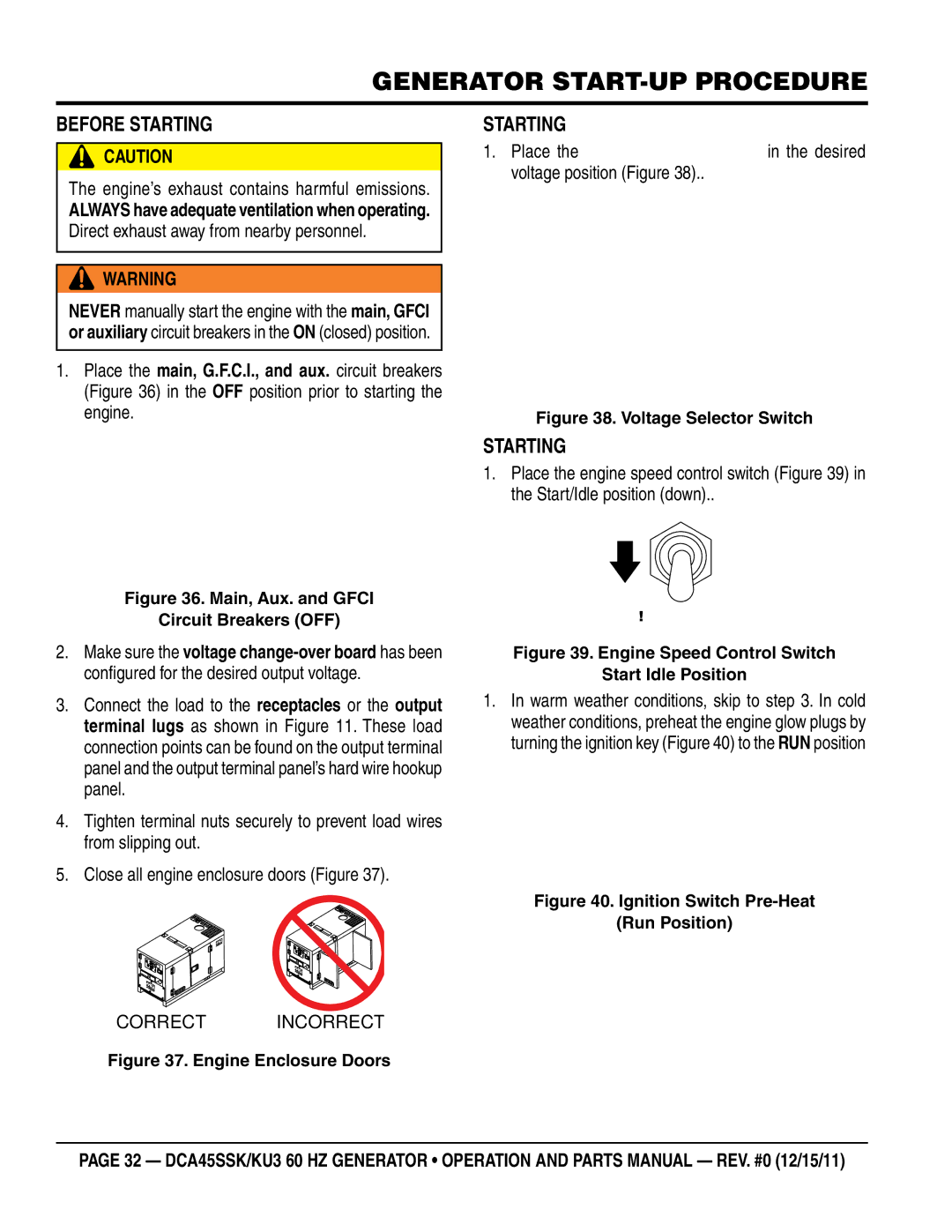 Multiquip DCA45SSKU3 manual Before Starting, Engine’s exhaust contains harmful emissions 