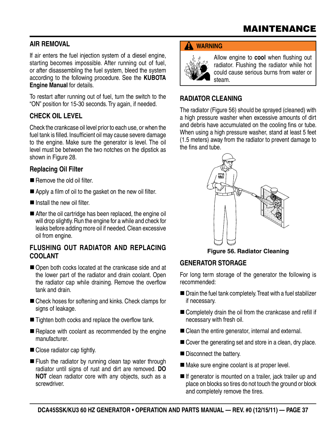 Multiquip DCA45SSKU manual Air Removal, Check Oil Level, Replacing Oil Filter, Flushing Out Radiator and Replacing Coolant 