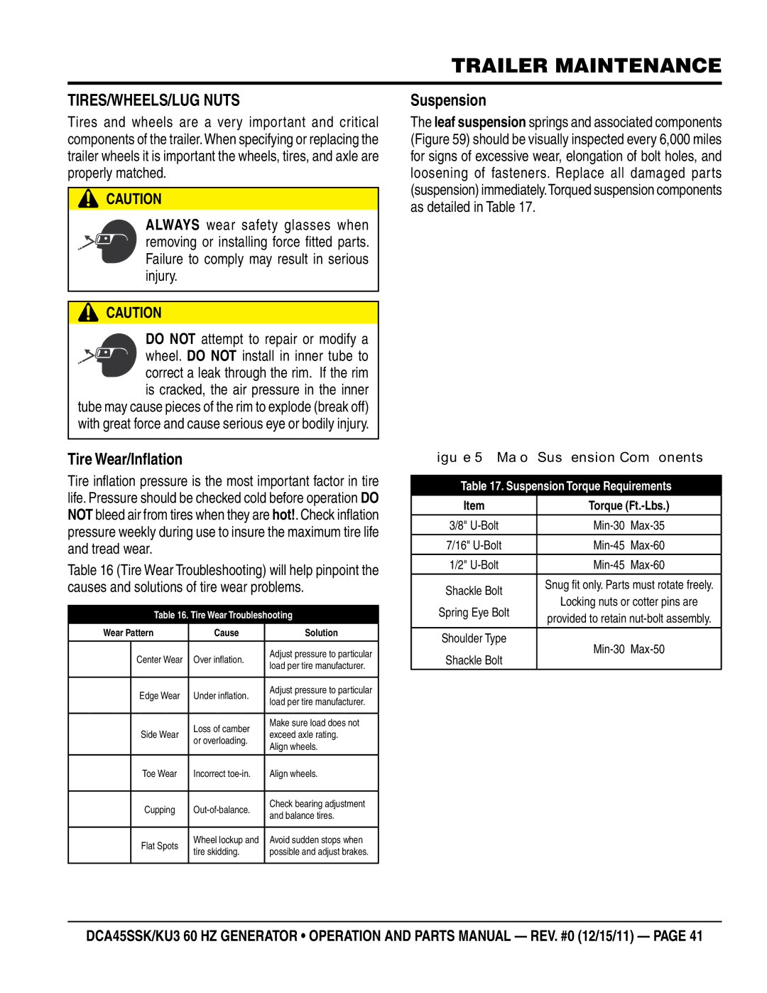 Multiquip DCA45SSKU3 manual Tires/Wheels/Lug Nuts, Tire Wear/Inflation, Suspension 