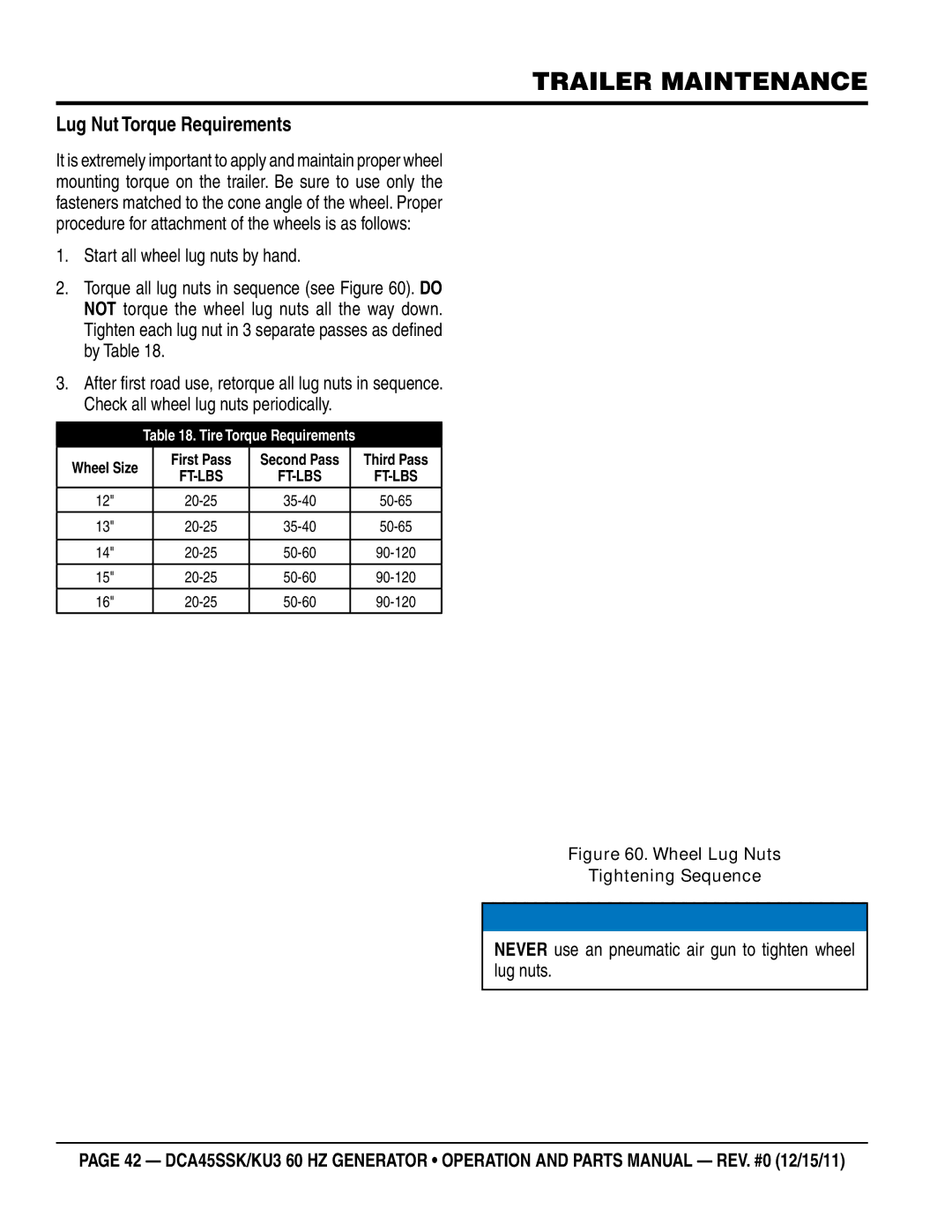 Multiquip DCA45SSKU3 manual Lug Nut Torque Requirements, Never use an pneumatic air gun to tighten wheel lug nuts 