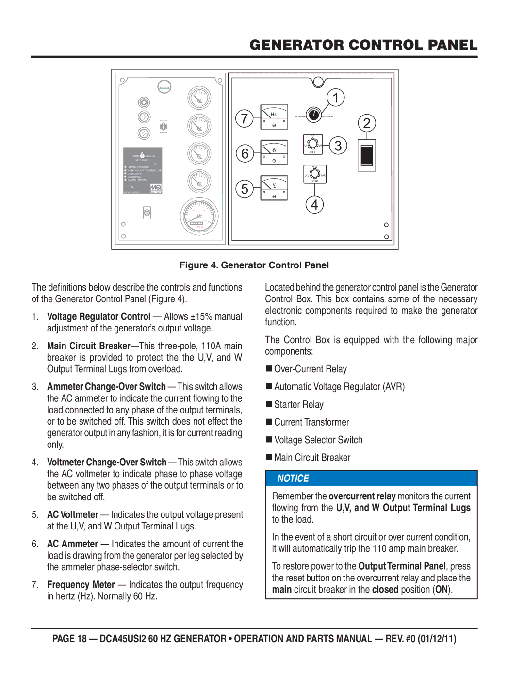 Multiquip DCA45USI2 manual Generator Control Panel, Off 