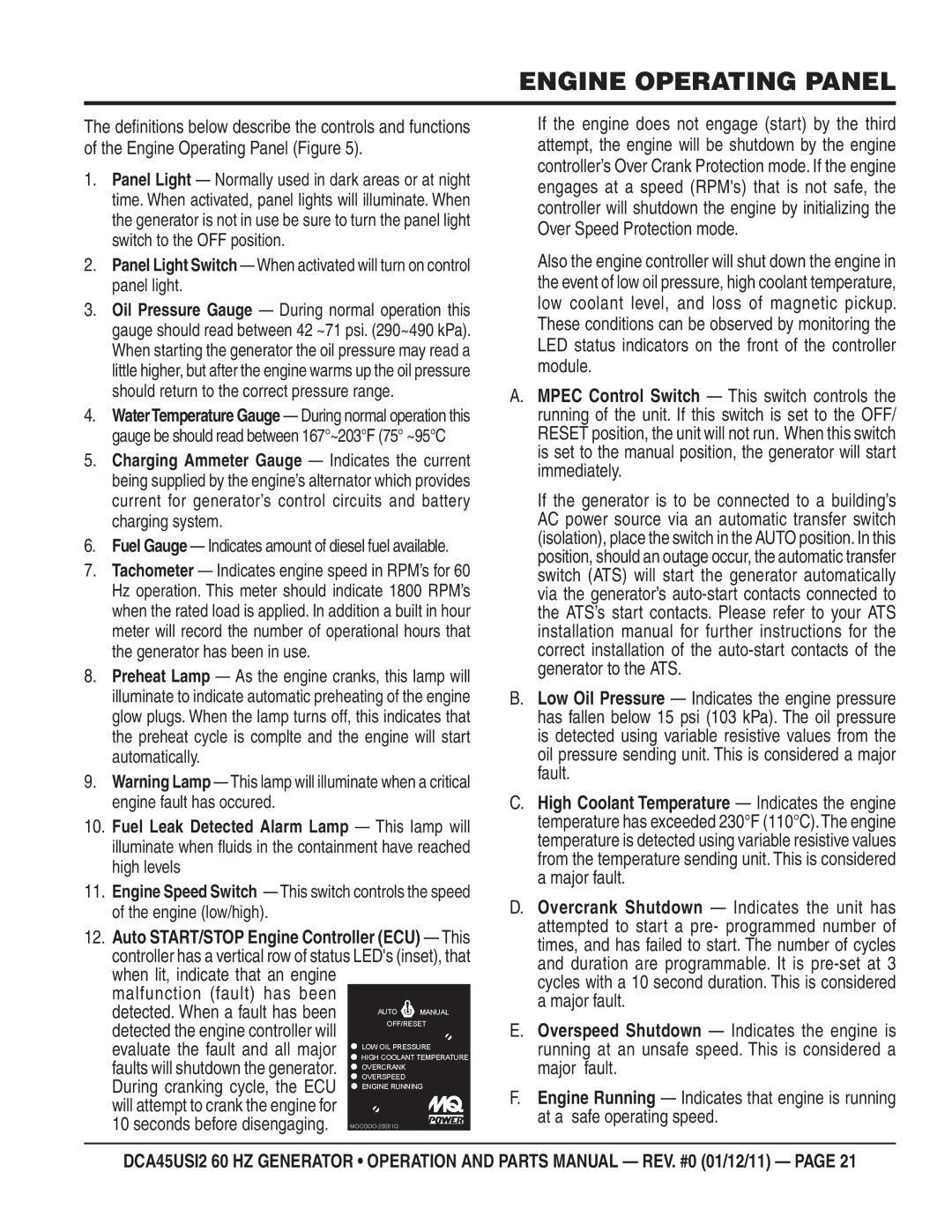 Multiquip DCA45USI2 manual Engine Operating Panel 