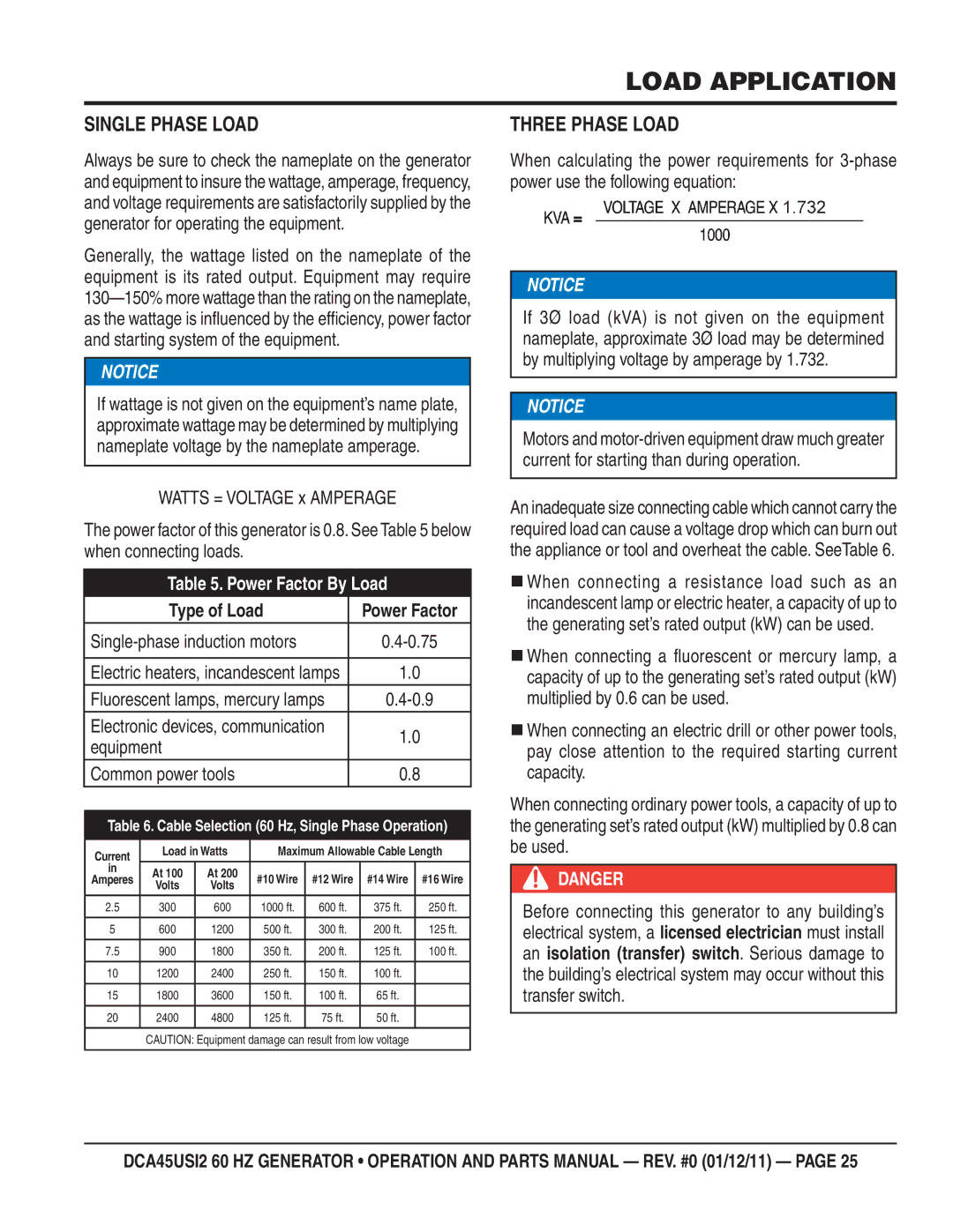 Multiquip DCA45USI2 manual Load Application, Single Phase Load, Three Phase Load 