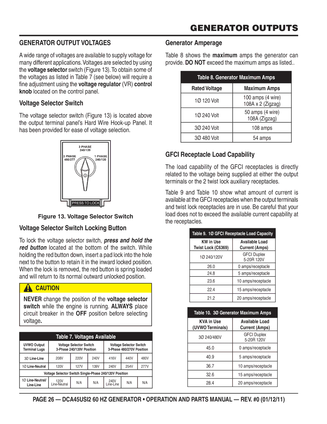 Multiquip DCA45USI2 manual Generator Outputs, Generator Output Voltages 