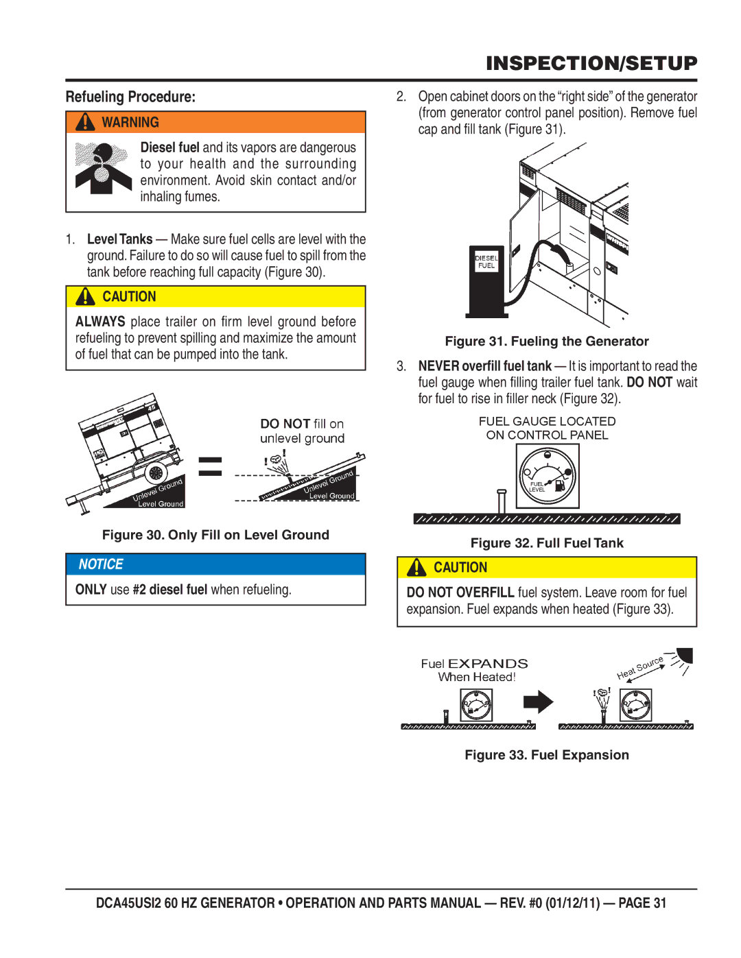 Multiquip DCA45USI2 manual Refueling Procedure, Only use #2 diesel fuel when refueling 