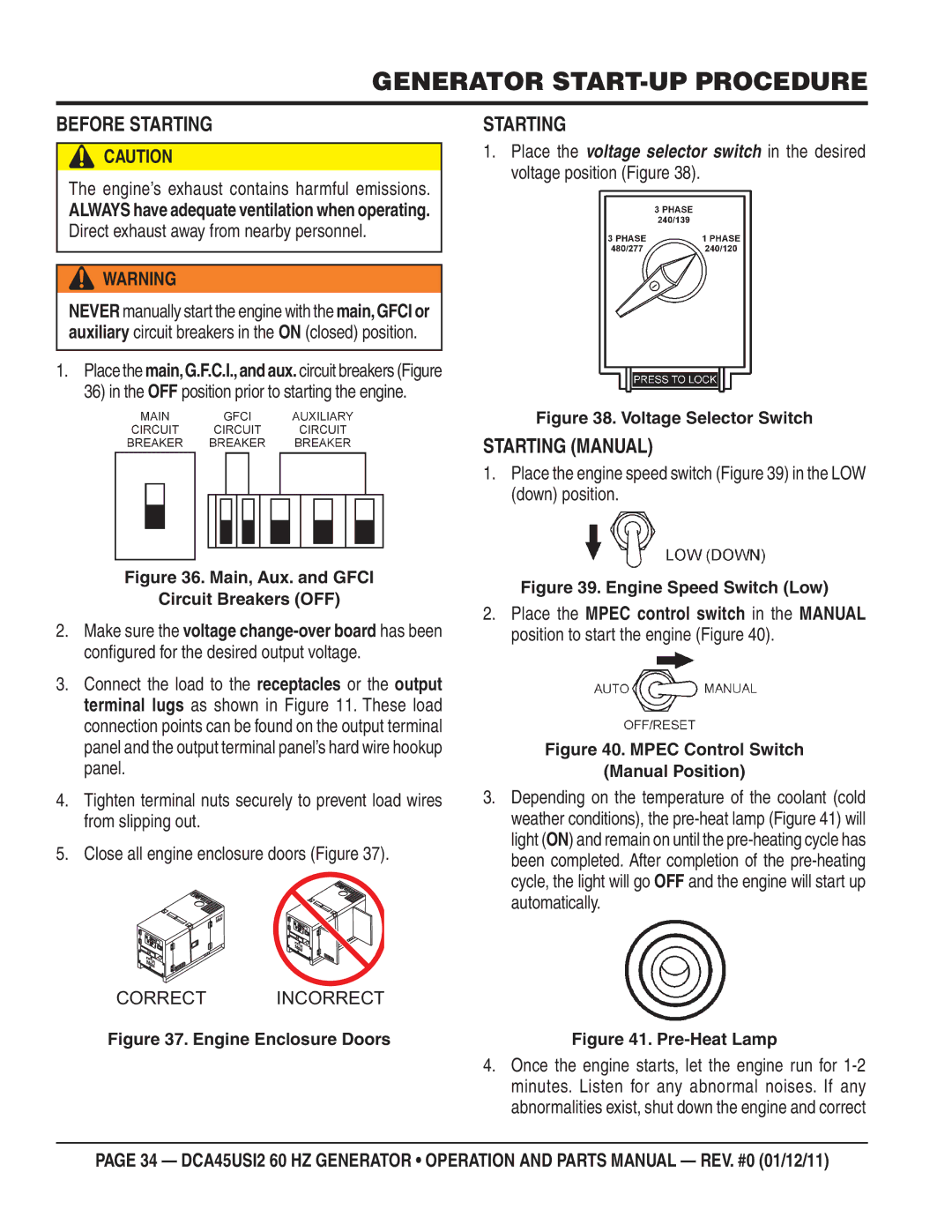 Multiquip DCA45USI2 manual Generator START-UP Procedure, Before Starting, Starting Manual 