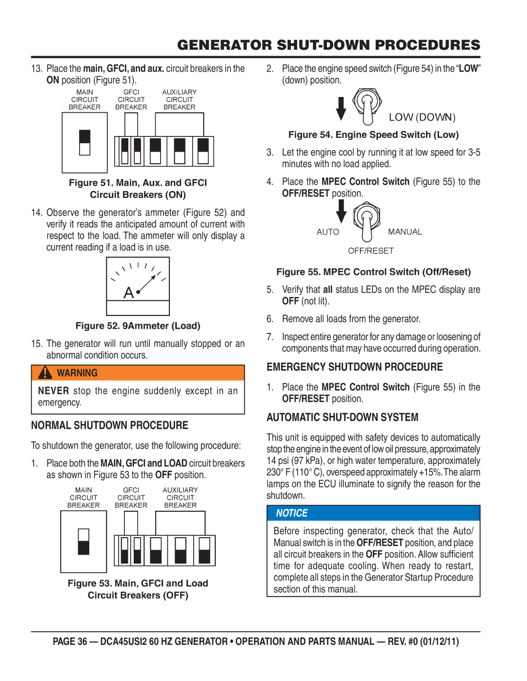 Multiquip DCA45USI2 manual Generator SHUT-DOWN Procedures, Normal Shutdown Procedure, Emergency Shutdown Procedure 