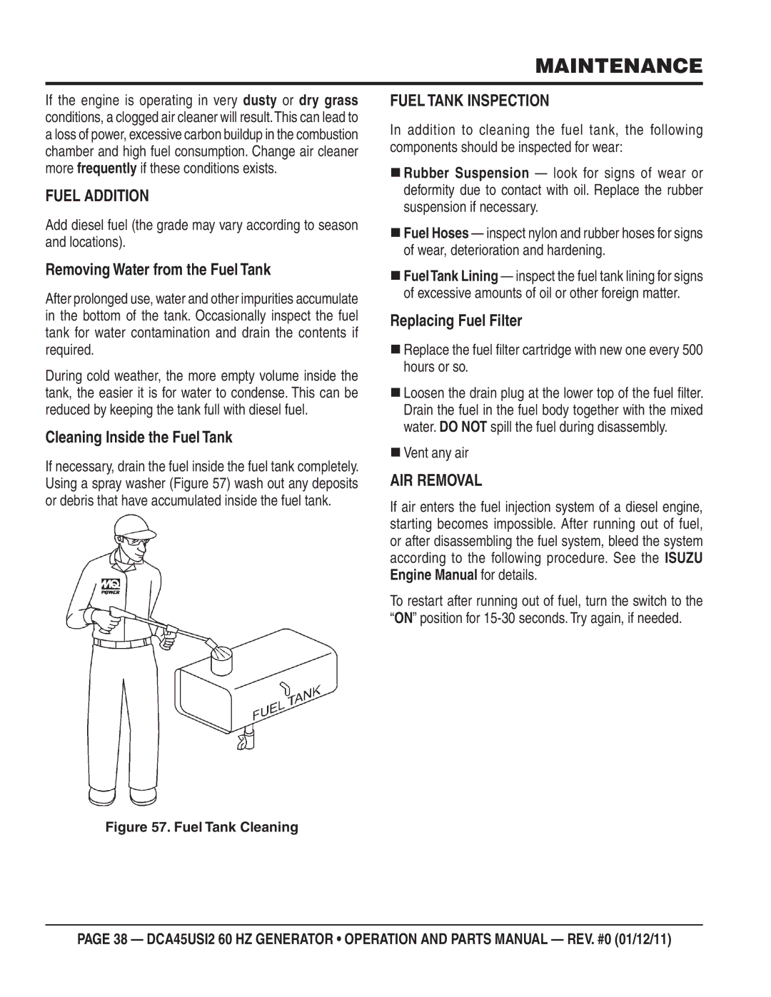 Multiquip DCA45USI2 manual Fuel Addition, Fuel Tank Inspection, AIR Removal 