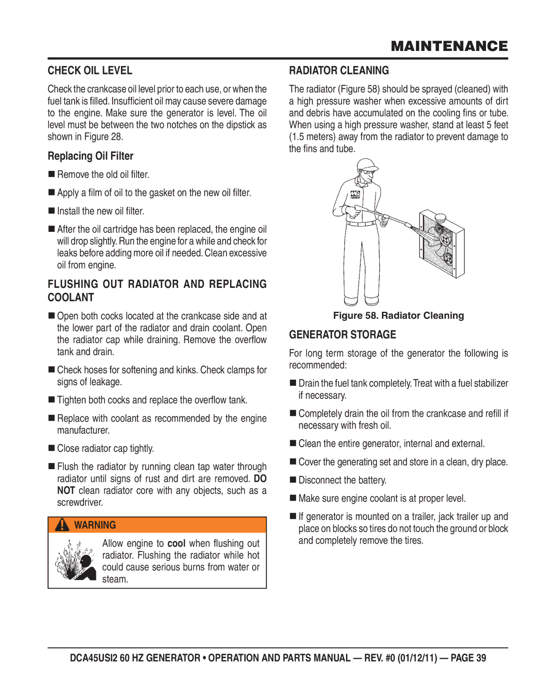 Multiquip DCA45USI2 Check OIL Level, Replacing Oil Filter, Flushing OUT Radiator and Replacing Coolant, Radiator Cleaning 