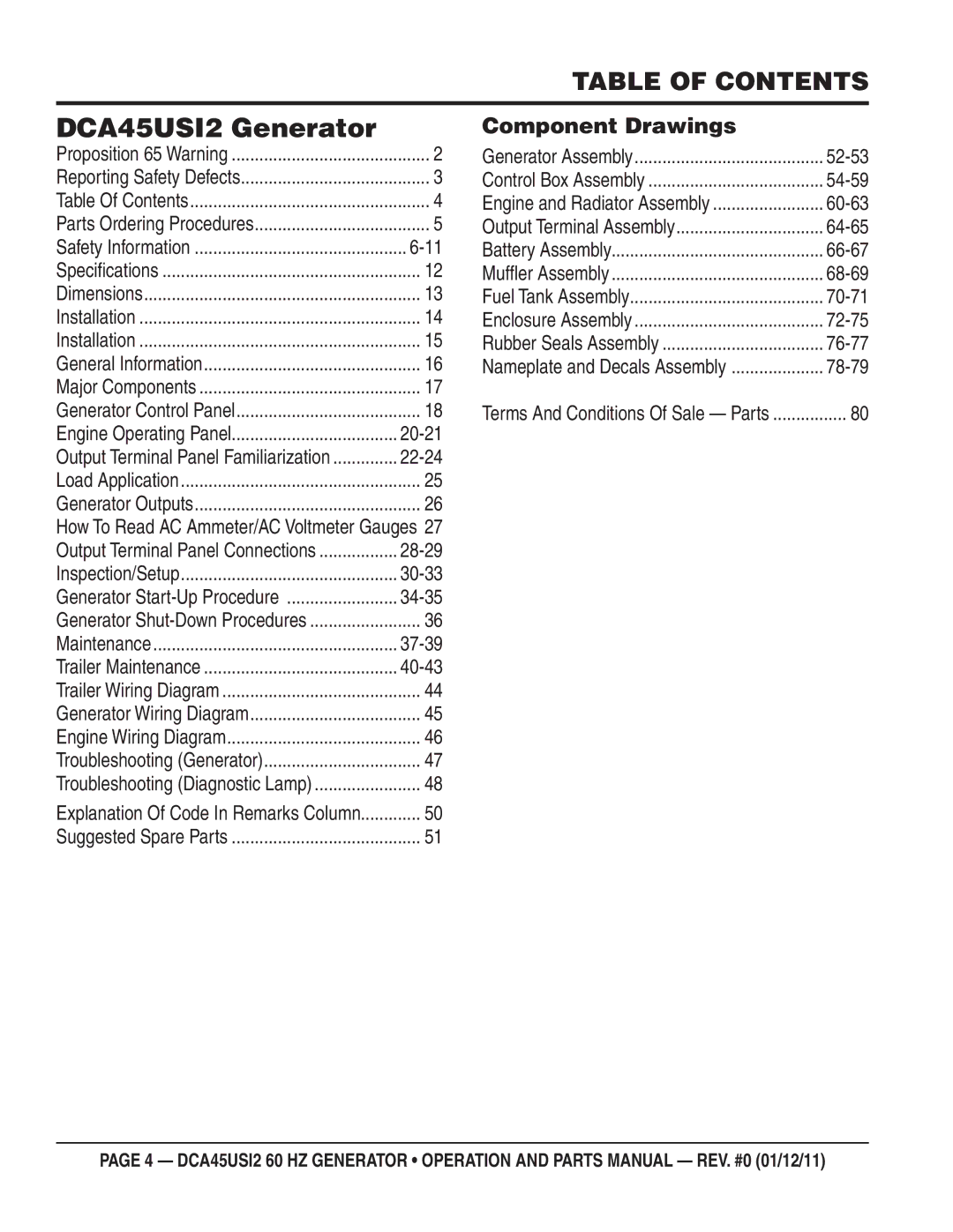 Multiquip manual DCA45USI2 Generator, Table of Contents 