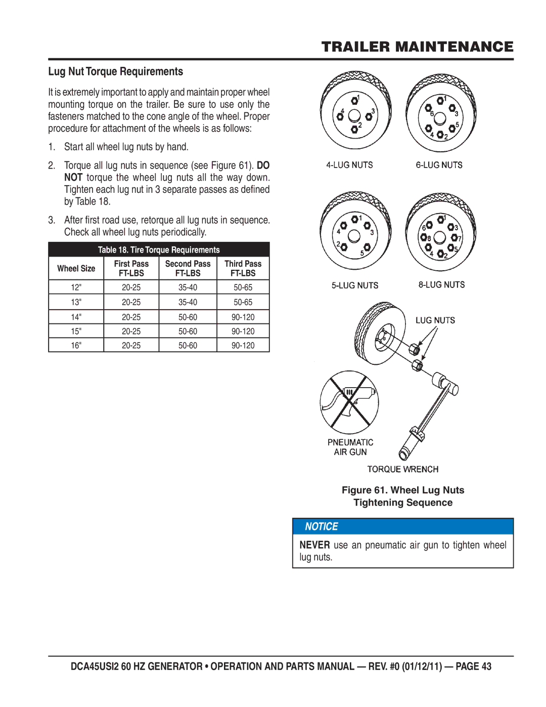 Multiquip DCA45USI2 manual Lug Nut Torque Requirements, Never use an pneumatic air gun to tighten wheel lug nuts 