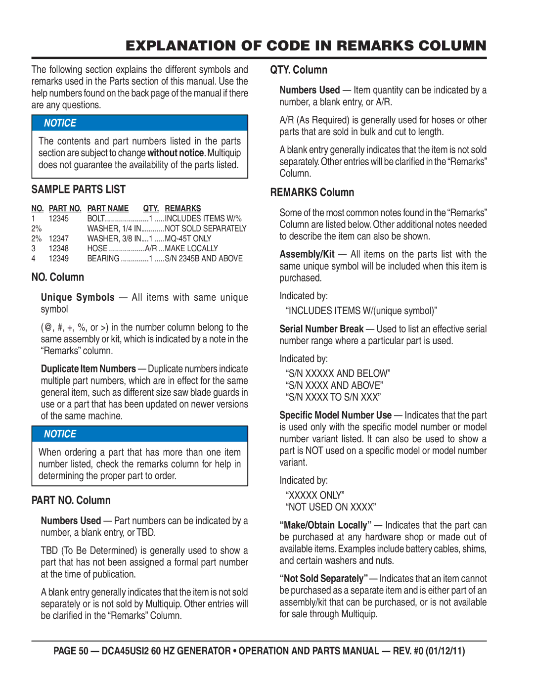 Multiquip DCA45USI2 manual Explanation of Code in Remarks Column, Sample Parts List 