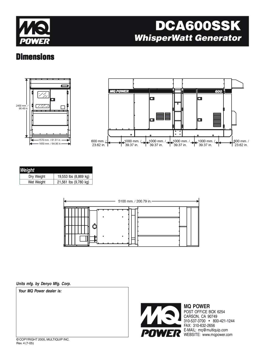 Multiquip DCA600SSK manual Dimensions, Weight 