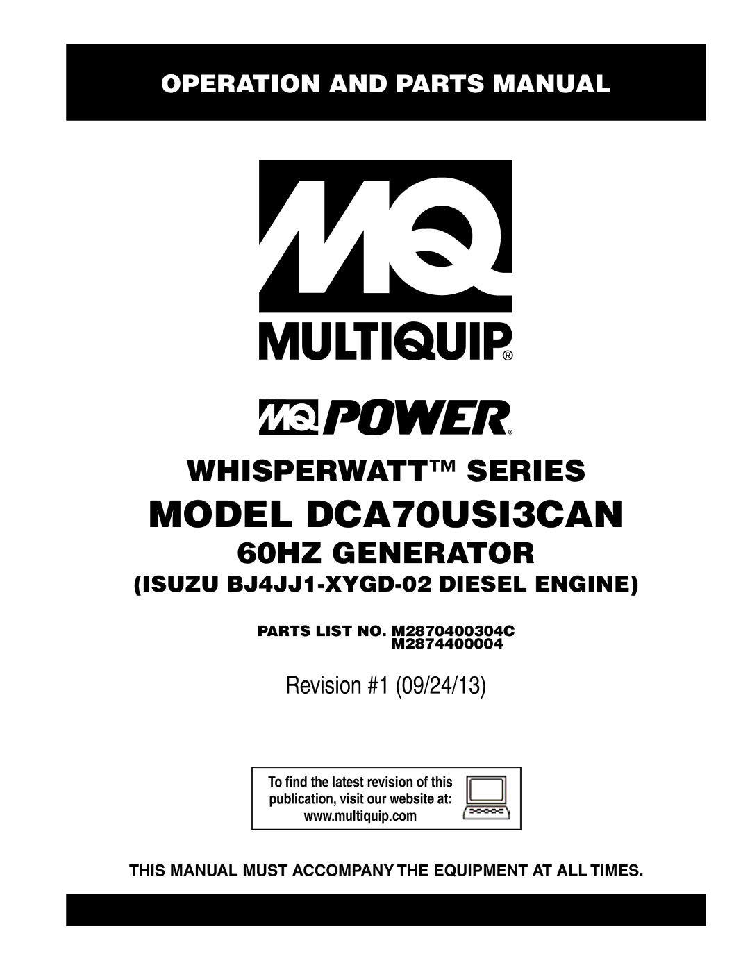 Multiquip DCA70US13CAN manual Model dca70USI3CAN, Parts List NO. M2870400304C m2874400004 